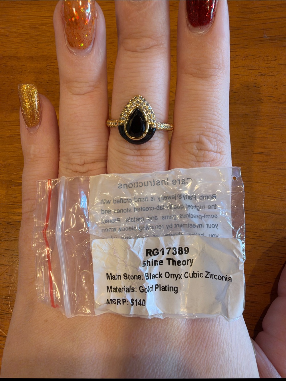 Shine Theory Gold-Plated Teardrop Black Onyx Ring with CZ Halo